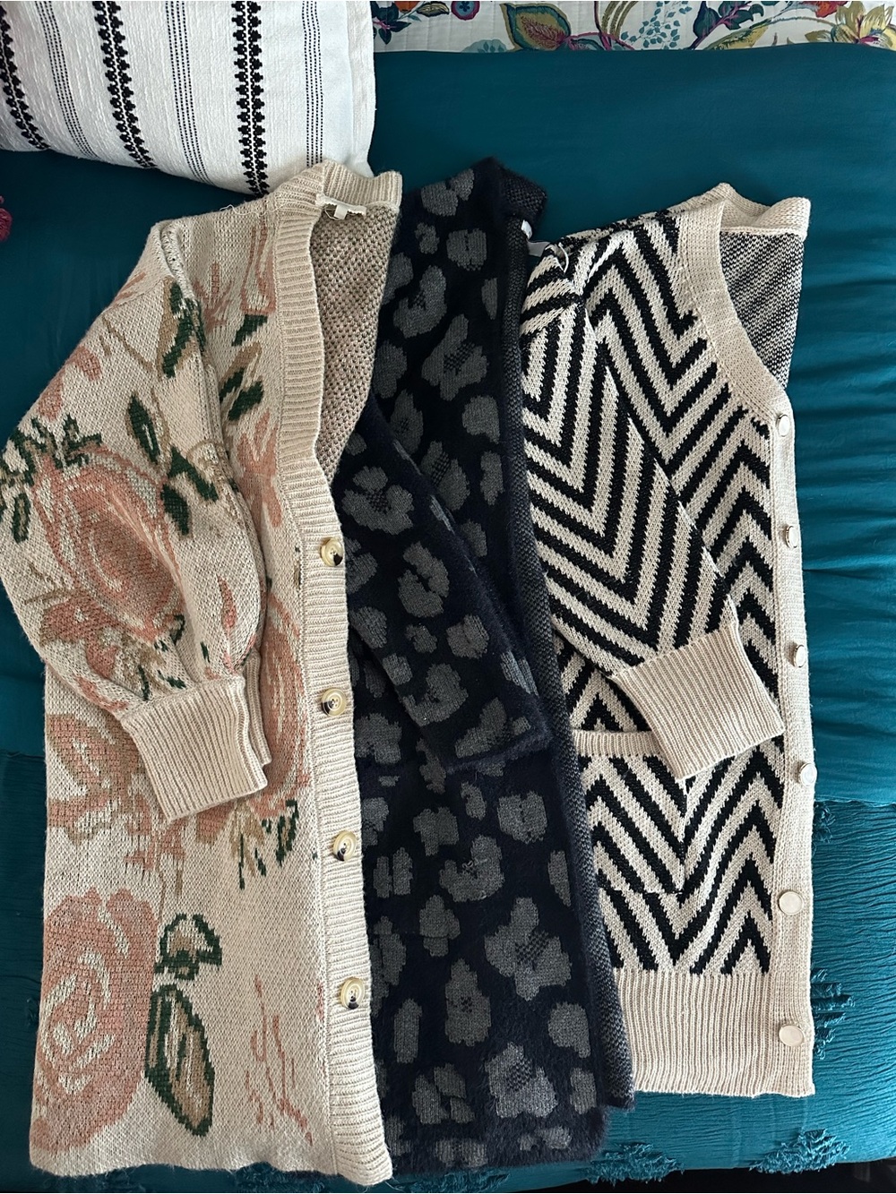 Nine West Beige Floral, Black Leopard & Cream Chevron Knit Cardigans